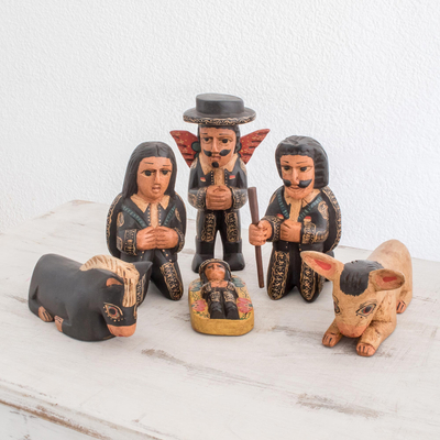 Wood nativity scene, 'Bethlehem Mariachis' (6 pieces) - Mariachi-Themed Wood Nativity Scene from Guatemala (6 Piece)