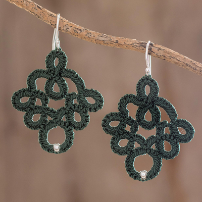Hand-tatted dangle earrings, 'Viridian Lace' - Hand-Tatted Dangle Earrings in Viridian from Guatemala
