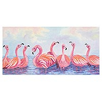 Signed Realist Painting of Flamingos from Guatemala,'Pink Reflection'