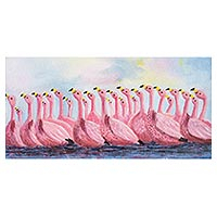 'Flamingos' - Signed Realist Flamingo Painting from Guatemala