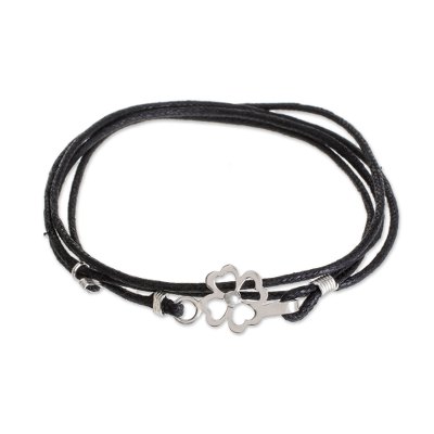 Sterling silver and cotton wrap anklet, 'Suerte' - Sterling Silver and Cotton Clover Wrap Anklet from Guatemala