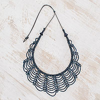 Ceramic beaded strand necklace, 'Calm Rain in Blue'