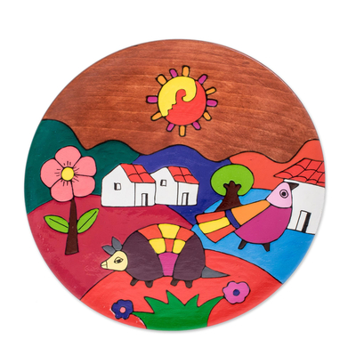 Wood wall art, 'My colourful Land' - Hand-Painted Landscape Pinewood Wall Art from El Salvador
