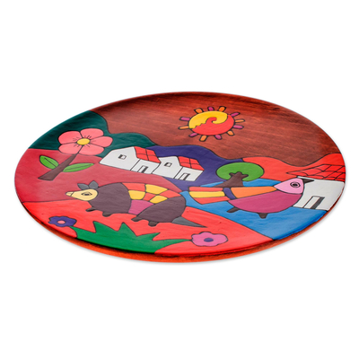 Wood wall art, 'My Colorful Land' - Hand-Painted Landscape Pinewood Wall Art from El Salvador