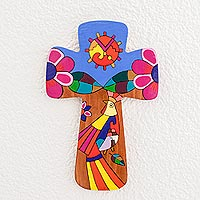 Wood wall cross, 'Light of the Sun' - Religious Pinewood Wall Cross from El Salvador