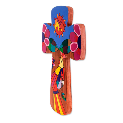 Wood wall cross, 'Light of the Sun' - Religious Pinewood Wall Cross from El Salvador