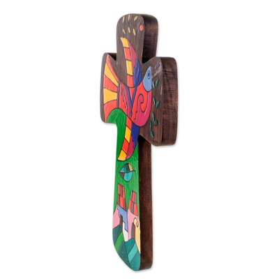 Holzwandkreuz, 'Vogel des Friedens - Buntes Wandkreuz aus Kiefernholz aus El Salvador