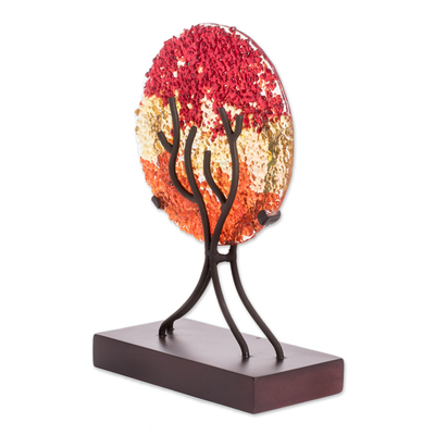 Art glass sculpture, 'Fruit of Life in Red' - Circular Art Glass Sculpture in Red from El Salvador