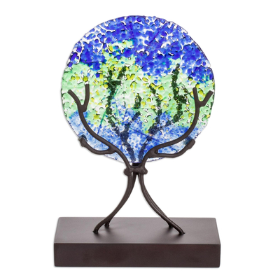 Escultura artística en vidrio, 'Fruto de la vida en azul' - Escultura circular en vidrio artístico en azul de El Salvador
