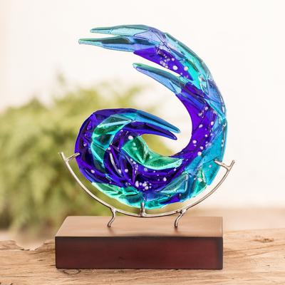 Art glass sculpture, 'Ocean Breeze' - Abstract Art Glass Sculpture in Blue from El Salvador