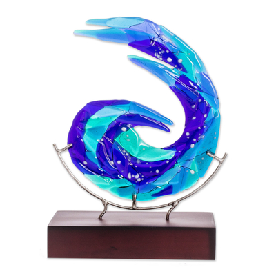 Abstract Art Glass Sculpture in Blue from El Salvador