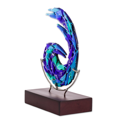 Art glass sculpture, 'Ocean Breeze' - Abstract Art Glass Sculpture in Blue from El Salvador