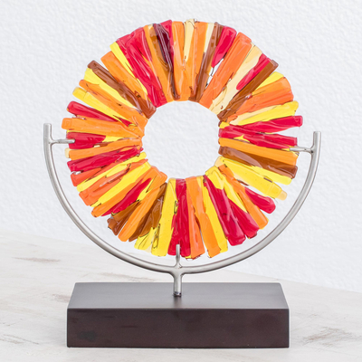 Art glass sculpture, 'Fiery Inspiration' - Circular Art Glass Sculpture in Red-Orange from El Salvador