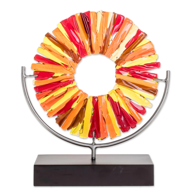 Art glass sculpture, 'Fiery Inspiration' - Circular Art Glass Sculpture in Red-Orange from El Salvador