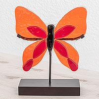 Art glass sculpture, 'Flight of Color in Red' - Art Glass Butterfly Sculpture in Orange from El Salvador