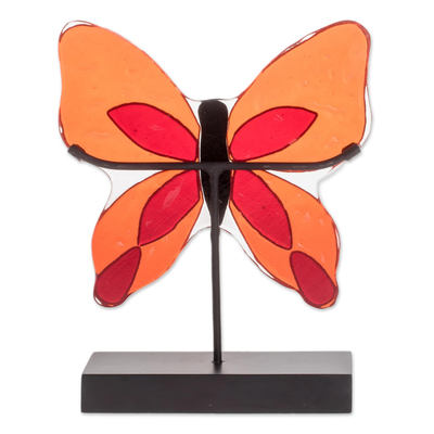 Art glass sculpture, 'Flight of Color in Red' - Art Glass Butterfly Sculpture in Orange from El Salvador