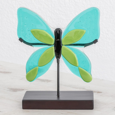 Art glass sculpture, 'Flight of Color in Green' - Art Glass Butterfly Sculpture in Green from El Salvador