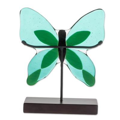 Art glass sculpture, 'Flight of Color in Green' - Art Glass Butterfly Sculpture in Green from El Salvador