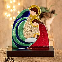 Art glass nativity sculpture, 'Life and Love' - Colorful Art Glass Nativity Sculpture from El Salvador