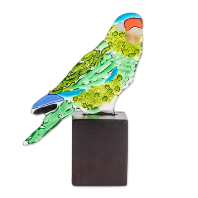 Art glass sculpture, 'Orange-Face Parakeet' - Art Glass Parakeet Sculpture from El Salvador