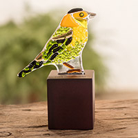 Art glass sculpture, 'Wilson's Warbler' - Art Glass Sculpture of a Wilson's Warbler from El Salvador