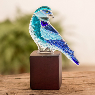 Kunstglasskulptur - Blaue Vogelskulptur aus Kunstglas aus El Salvador