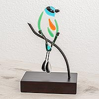 Art glass sculpture, 'Motmot' - Art Glass Sculpture of a Motmot Bird from El Salvador