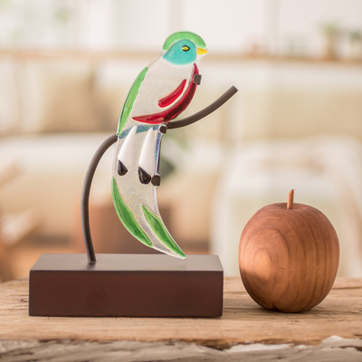 Escultura de vidrio artístico, 'Quetzal' - Escultura de pájaro quetzal de vidrio artístico de El Salvador