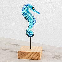 Art glass sculpture, 'Blue Seahorse' - Art Glass Seahorse Sculpture from El Salvador
