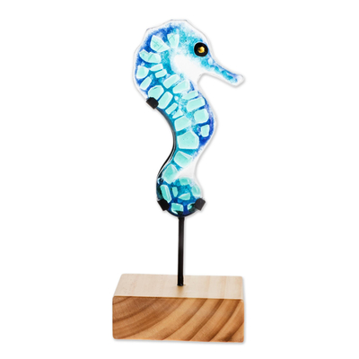 Art glass sculpture, 'Blue Seahorse' - Art Glass Seahorse Sculpture from El Salvador