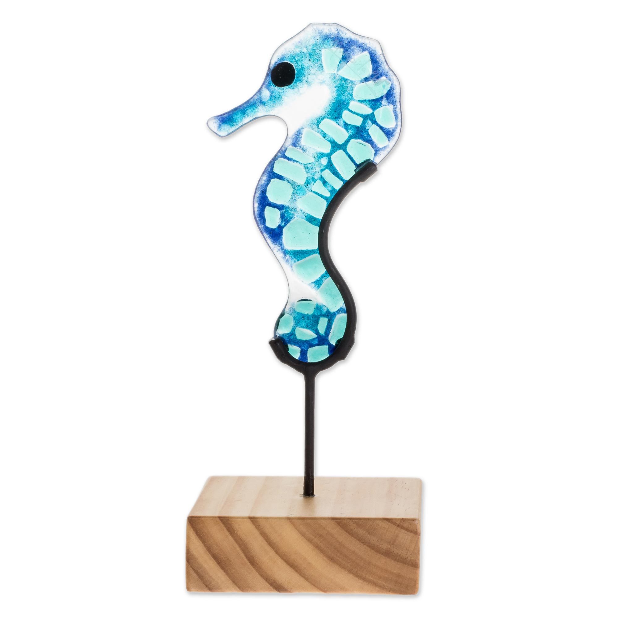 Art Glass Seahorse Sculpture from El Salvador Blue Seahorse NOVICA