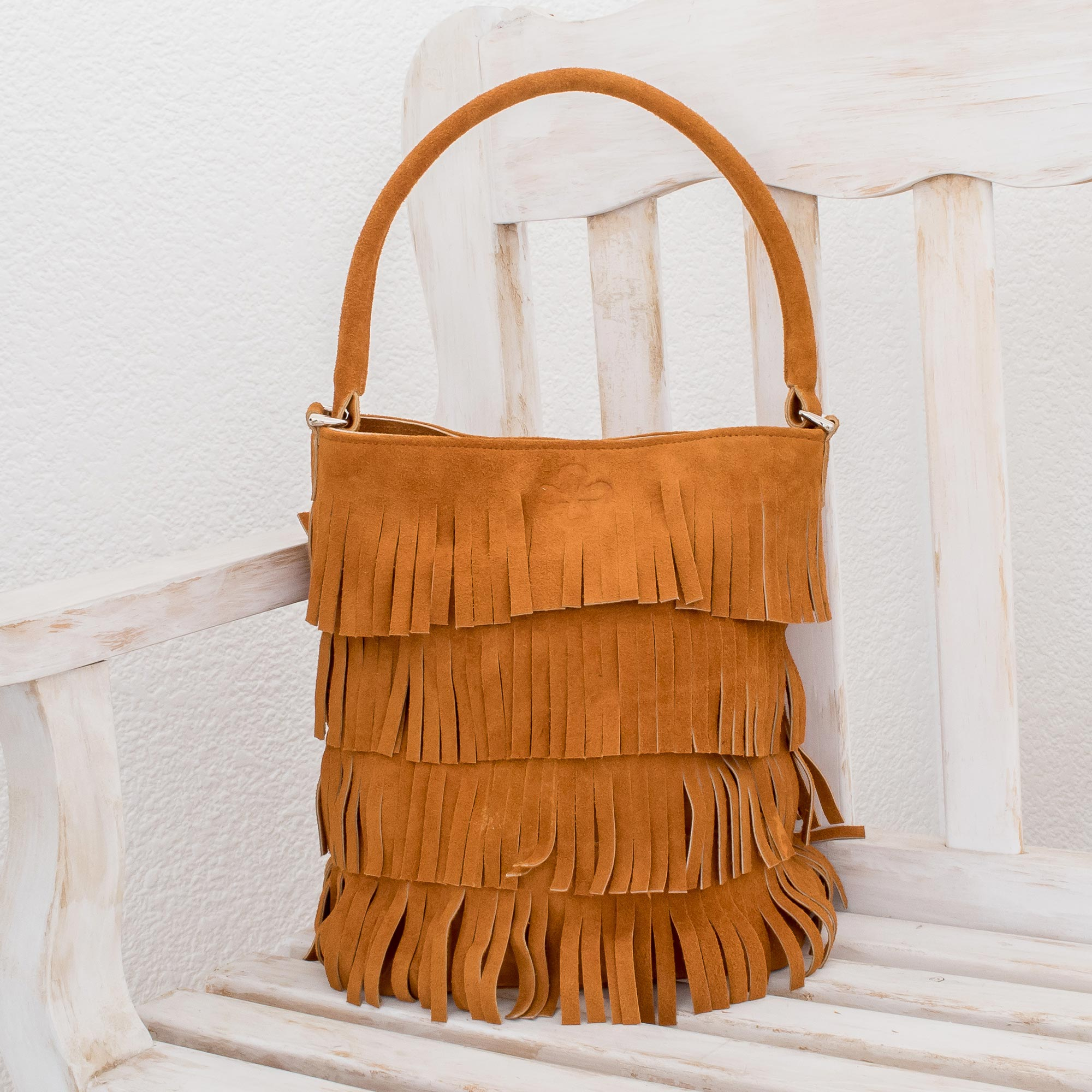 Fringed Suede Handle Handbag in Ginger from El Salvador - Bohemian Ginger