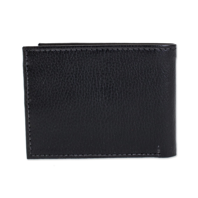 Leather wallet, 'Dark Explorer' - Handcrafted Black Leather Wallet from El Salvador