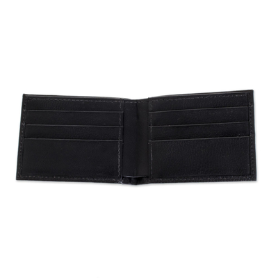 Brieftasche aus Leder, 'Dark Explorer' - Handgefertigte Brieftasche aus schwarzem Leder aus El Salvador
