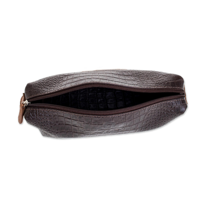 Leather travel bag, 'Espresso Texture' - Handmade Leather Travel Bag in Espresso from El Salvador