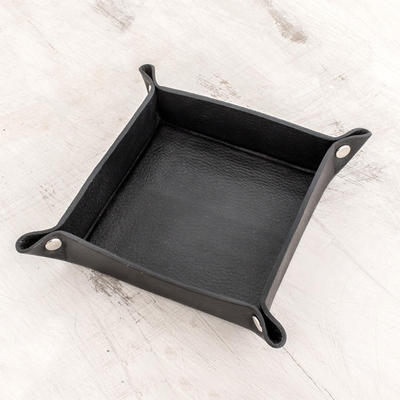 Leather catchall, 'Home Style in Black' - Handmade Leather Catchall in Black