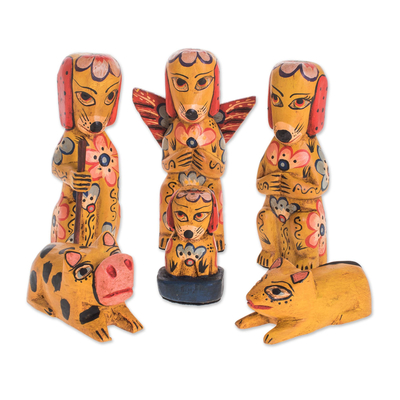 Wood nativity scene, 'Christmas Puppies' (9 piece) - Dog-Themed Wood Nativity Scene from Guatemala (9 Piece)