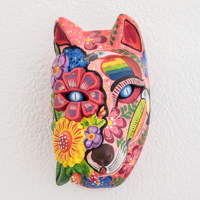 Máscara de madera - Máscara de lobo de madera floral pintada a mano de Guatemala