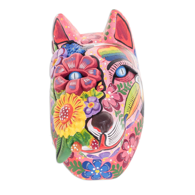 Wood mask, 'Guatemalan Marvels' - Hand-Painted Floral Wood Wolf Mask from Guatemala