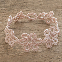 Hand-tatted wristband bracelet, 'Petal Delight in Ecru' - Floral Hand-Tatted Wristband Bracelet in Ecru from Guatemala