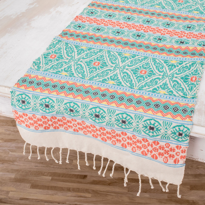 Cotton table runner, 'Guatemala is Family' - Handwoven Cotton Table Runner in Turquoise from Guatemala