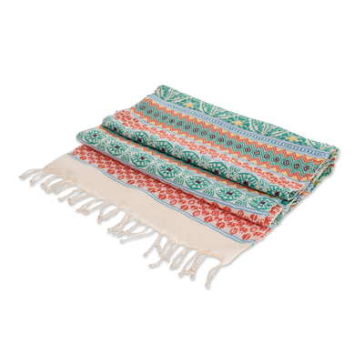Cotton table runner, 'Guatemala is Family' - Handwoven Cotton Table Runner in Turquoise from Guatemala