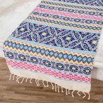 Cotton table runner, 'Guatemala is Life' - Handwoven Cotton Table Runner in Blue from Guatemala