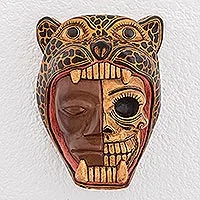 Wood mask, 'Face of a Warrior' - Hand-Carved Wood Jaguar Warrior Mask from Guatemala