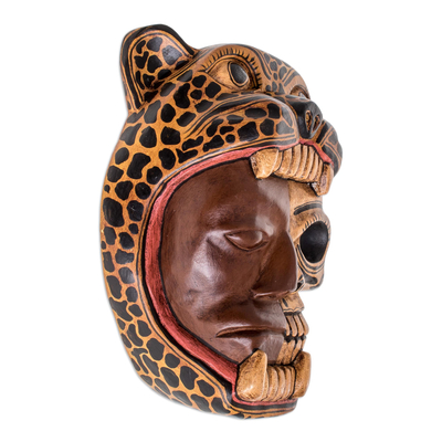 Wood mask, 'Face of a Warrior' - Hand-Carved Wood Jaguar Warrior Mask from Guatemala