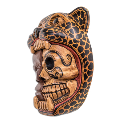 Wood mask, 'Face of a Warrior' - Hand-Carved Wood Jaguar Warrior Mask from Guatemala
