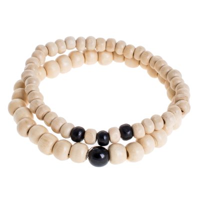 Black Jade and Pinewood Beaded Stretch Bracelets (Pair)