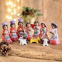 Ceramic nativity scene, 'Santiago Nativity' (12 piece) - Hand-Painted Cultural Ceramic Nativity Scene from Guatemala