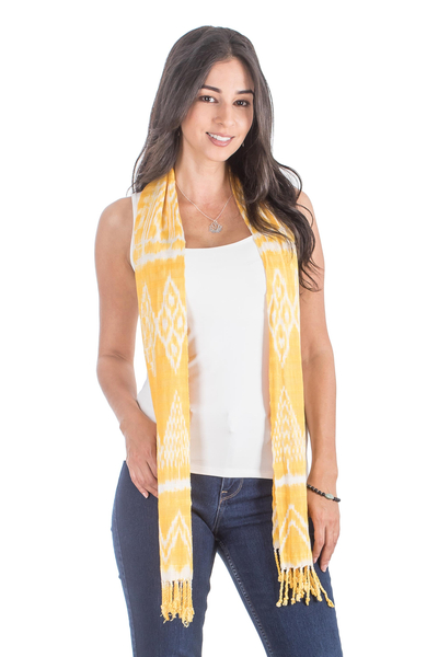 Rayon scarf, 'Diamond Essence in Saffron' - Handwoven Diamond Pattern Rayon Scarf in Saffron