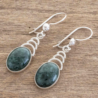 Jade dangle earrings, 'Dark Green Antique Arcs' - Arc Motif Jade Dangle Earrings from Guatemala